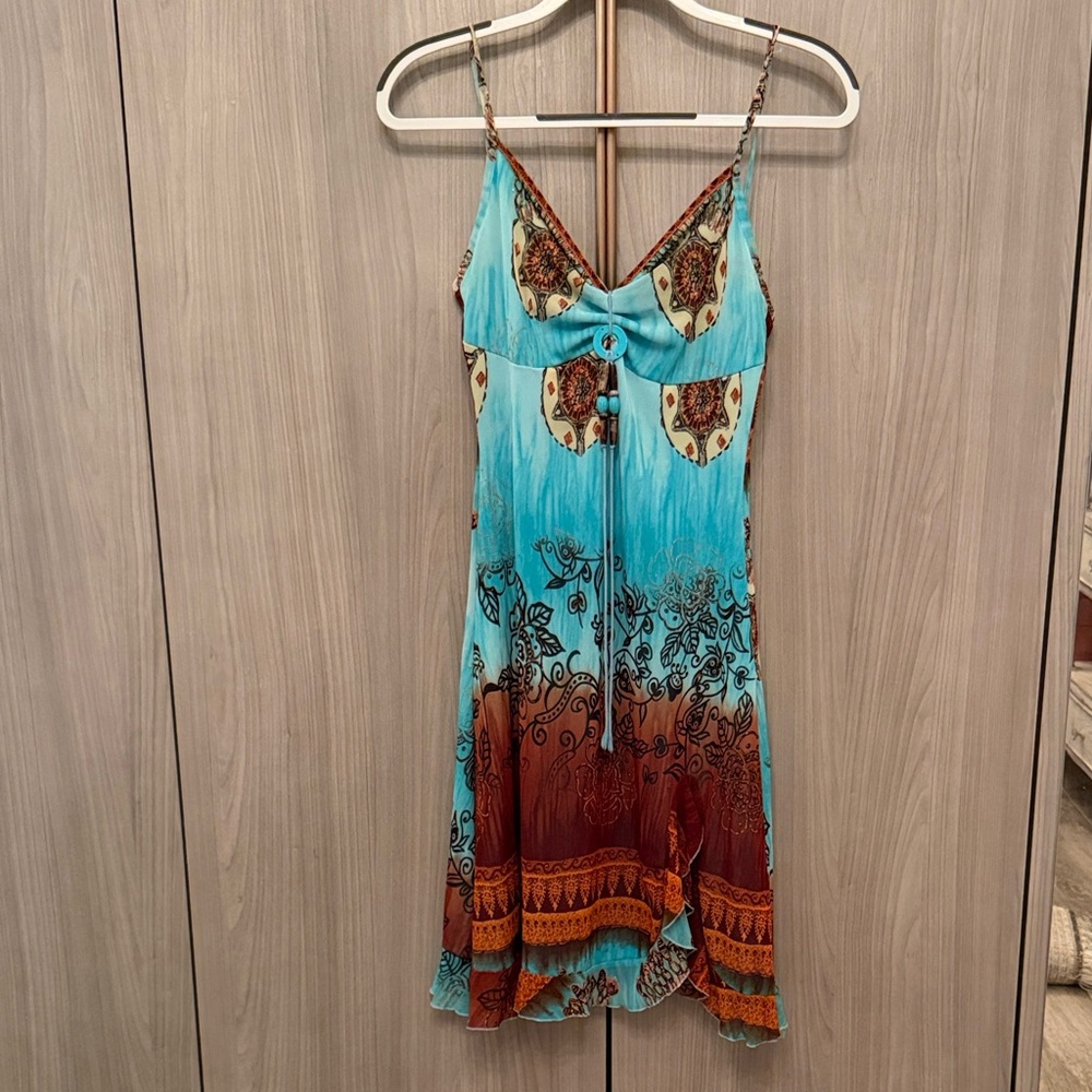 Sleeveless Spaghetti Strap Mini Dress in Teal and Rust
